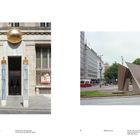 Öffnung für das Kunstforum, Wien. Moderne Skulptur "Wiener Trip", Wien. Gebäude mit einer großen goldenen Kugel. Skulptur mit scharfen Linien.