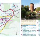 Trendelburg: Eine Karte zeigt Straßen, Sehenswürdigkeiten und touristische Informationen. Foto einer Burg mit Türmen und Fachwerkhäusern.