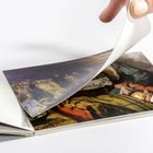 Eine Hand blättert eine Kunstbroschüre unter hellem Licht durch.