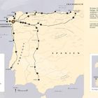 Karte der Jakobswege in Spanien und Portugal, mit Routen und Etappen. Legende und Erklärung der Symbole.