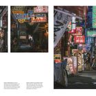 Titeltexte: 
1. Schilderwald Chinatown, Yokohama.
2. Gasse am Bhishinkaku Chinatown, Yokohama.
3. Mutter und Kind in einer Gasse in Chinatown, Yokohama.

Beschreibung: Mehrere Szenen aus einer Neon-beschilderten Straße in Chinatown.