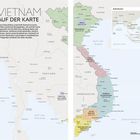 "Vietnam auf der Karte" zeigt farblich markierte Reisegebiete inkl. Ho Chi Minh City und Mekong-Delta, mit Bezug zu Laos, Kambodscha.