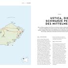 "Titel: Ustica, die schwarze Perle des Mittelmeers. Beschreibung der Insel, Touren und Aktivitäten, Karte zeigt Routen."