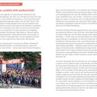 **Textausschnitt oben links:** "LAUFEN, EIN MASSTREND"
**Titel:** "WARUM LAUFEN WIR MARATHON?"
**Bild unten:** Menschenmenge bei einem Marathonstart unter einem Banner mit "AUF GEHT'S!"