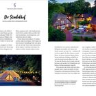 5 Deutschlands Norden. Der Stimbekhof. Zwei Bilder: Glamping bei Nacht, Hof mit Fachwerkhaus im Abendlicht, umgeben von Bäumen.