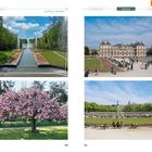 Oben: Links "Ausflug in die Natur", rechts "Tagsüber".   
Unten: Bilder von Wasserfontänen, blühendem Baum, Park mit Personen.