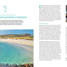 Seite 37. Überschrift: "Am Südzipfel der Äußeren Hebriden". Küstenfoto mit türkisblauem Wasser. Texte über Vatersay und Isle of Barra.