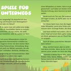 "10 Spiele für unterwegs" in weißer Schrift auf grünem Hintergrund. Liste von Spielen und Aktivitäten für unterwegs. Unten Naturillustration.