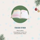 TÜRCHEN ÖFFNEN. Nach jedem Lösungswort wartet ein weihnachtliches Motiv. Buch in der Mitte, Tannenzweige, Schneeflocken.
