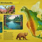 Nord- und Mittelamerika. Höchster Berg: Mount McKinley. Längster Fluss: Mississippi. Illustrationen von Landschaften und Tieren.