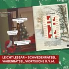 Leicht lesbare Rätsel. Zitate über Glück neben einem geschmückten Weihnachtsbaum. Illustration mit Brückenrätsel.