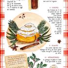 Ein Rezept auf Französisch mit Anweisungen zum Ausrollen, Schneiden, Glasieren und Verteilen von Teig. Illustrationen von Zimt und Gebäck umgeben von grünen Zweigen mit roten Beeren.