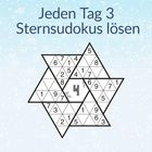 Text: "Jeden Tag 3 Sternsudokus lösen." Schneeflocken-Hintergrund mit einem sternförmigen Sudoku, Zahl "4" in der Mitte.