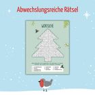 "Abwechslungsreiche Rätsel" und "Wortsuche". Weihnachtsbaumform, Vogel, Schneeflocken, hellblauer Hintergrund.