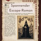 Text: "Spannender Escape-Roman". Illustration: Skelett in schwarzem Umhang mit Stab vor mittelalterlicher Stadt.