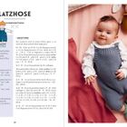 Text: "Latzhose", "Größen", "Material", "Grundmuster", "Maschenprobe", "Anleitung". 

Rechts ein Baby in blauer Latzhose.