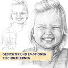 "GESICHTER UND EMOTIONEN ZEICHNEN LERNEN": Skizze eines lachenden Kindes in verschiedenen Zeichenstadien.