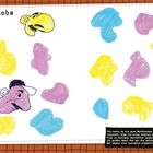 „Bunte Blobs“ oben links, diverse bunte Kleckse und gezeichnete Gesichter mit großen Nasen und markanten Merkmalen.