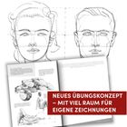 NEUES ÜBUNGSKONZEPT – MIT VIEL RAUM FÜR EIGENE ZEICHNUNGEN. Zwei Porträt-Skizzen und geöffnete Buchseite mit Zeichnungen.