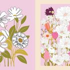 Links: Vier große, stilisierte Blumen mit grünen Blättern auf rosa Hintergrund. Rechts: Dichtes Blumenarrangement.