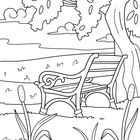 Illustration eines Parks mit Bank, Baum, Gräsern und Wolken. Friedliche Szene, die Ruhe ausstrahlt.