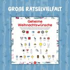 "GROßE RÄTSELVIELFALT", "Geheime Weihnachtswünsche". Ein Rätsel mit Symbolen und Buchstaben auf einem winterlichen Hintergrund.