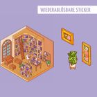 "WIEDERABLÖSBARE STICKER" oben; Illustration einer gemütlichen Bibliothek mit Büchern, Leiter, Sessel und Pflanzen.