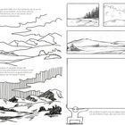 Oben links: "Nachdem ich die ersten Skizzen ausprobiert habe...". Unten links: "Der Prozess ist einfach...". Rechts: Skizzen von Landschaften.