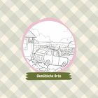 Text: "Gemütliche Orte" und "BOOKS". Ein Auto vor einem Bücherladen, im Hintergrund eine hügelige Landschaft.