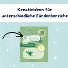 Text: "Kreativideen für unterschiedliche Förderbereiche", "Zapfendruck mit Lichterzauber". Illustrative Bastelanleitung mit grünen Tönen.