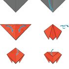 Faltanleitung mit blauen Pfeilen auf grauem und rotem Papier, Schritt für Schritt zu einem Marienkäfer.