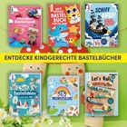 ENTDECKE KINDGERECHTE BASTELBÜCHER. Sechs bunte Bastelbücher mit kindgerechten Designs und Motiven auf grünem Hintergrund.