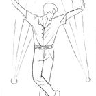 Illustration eines tanzenden Mannes in Pose, mit ausgestreckten Armen und gekreuzten Beinen, von zwei Scheinwerfern beleuchtet.