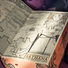 Schöpfungsgöttin Sathana und ihr Sohn Ario. Karte mit Ländernamen. Illustration von Mutter mit Baby.