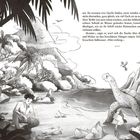 Text über Suche nach Wasserquelle. Illustration: Junge kniet am Strand, Schildkröte und Vögel in tropischer Umgebung.