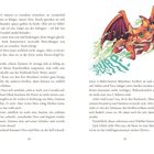 Seite 44 und 45 aus einem Buch. Rechts oben ein niedlicher Drache mit orangefarbenen Schuppen und Flügeln, "SWOOP".