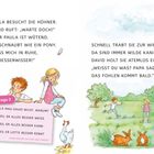 PAULA BESUCHT DIE HÜHNER. Profifrage 3: PAULA MAG DAVID NICHT. WARUM? Illustration von Kindern, Huhn und Wiese.