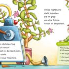 "Omas Topfblume steht daneben. Sie ist groß wie eine Palme. Anton ist begeistert." Illustration mit Maschine und Pflanze.