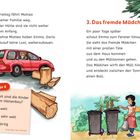 Auf der linken Seite ist ein rotes Auto, rechte Seite ein Mädchen mit Mülltonnen. Text erzählt von Matteo und einem Mädchen.