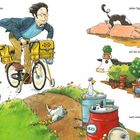 Der Text besagt: „...und ihn vom Hof zu jagen. Jeden Tag ging Lieselotte auf die Suche nach einem neuen Versteck.“ Links fährt ein verängstigter Postbote auf einem gelben Fahrrad, während eine Kuh hinter ihm herläuft. Rechts versteckt sich eine Kuh hinter Pflanzen und in einem Fass; Hühner sind ebenfalls zu sehen.