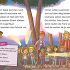 Texte: "Zum Glück kommen noch andere Erwachsene mit..." und "Wie viele Eltern gehen mit auf die Wanderung?" Bild: Kinder mit Taschenlampen im Wald bei Nacht.