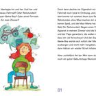 Text über Mini, die über Geburtstagwünsche nachdenkt. 
Illustration: Mädchen auf Stuhl, Denkblase mit Fahrrad, Game-Boy.
