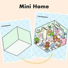 Texte: "Mini Home", "Das Badezimmer". Zwei Karten, links leeres Zimmer, rechts buntes Badezimmer mit Figuren und Details.