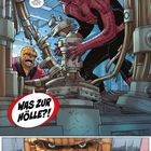 Illustration: Zwei Superhelden, einer rot-schwarz maskiert, der andere aus Stein, umgeben von Maschinen und Kabeln.