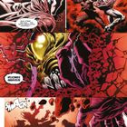 Comic-Illustration mit dramatischen Kampfszenen, rot-dominierte Farben und eine düstere, bedrohliche Atmosphäre.