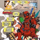 Beschreibung der Szene:

Kidpool in rotem Kostüm hält eine Wasserspritzpistole, sitzt auf besiegten Gegnern. Comics-Stil mit mehreren Textblasen.