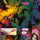 Text: "Fin Fang Foom. Drachen-Alien auf Zerstörungstour." Ein grünes, feuerspeiendes Drachenwesen in einer Stadt; Comicstil.