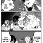 Drei Manga-Panels mit dialogreichen Szenen von Figuren in angespannter und humorvoller Stimmung.