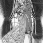 Illustration eines Paares in historischer Kleidung, das sich vor seitlichen Vorhängen innig umarmt und küsst.