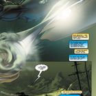 Texte: JLA, JSA, Titans, Outsiders arbeiten fieberhaft. Mein Schicksal liegt in Plastic Mans Hand.

Illustration: Eine dynamische Szene mit einem Lichtstrahl am Himmel und einer bergigen Landschaft voller Trümmer.